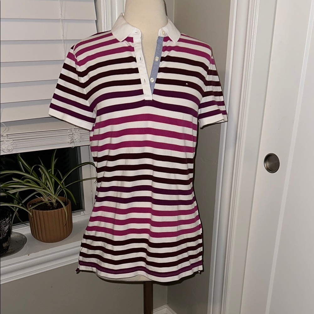 Tommy Hilfiger Pink and Red Fitted Polo Shirt Classic Fit Size Medium